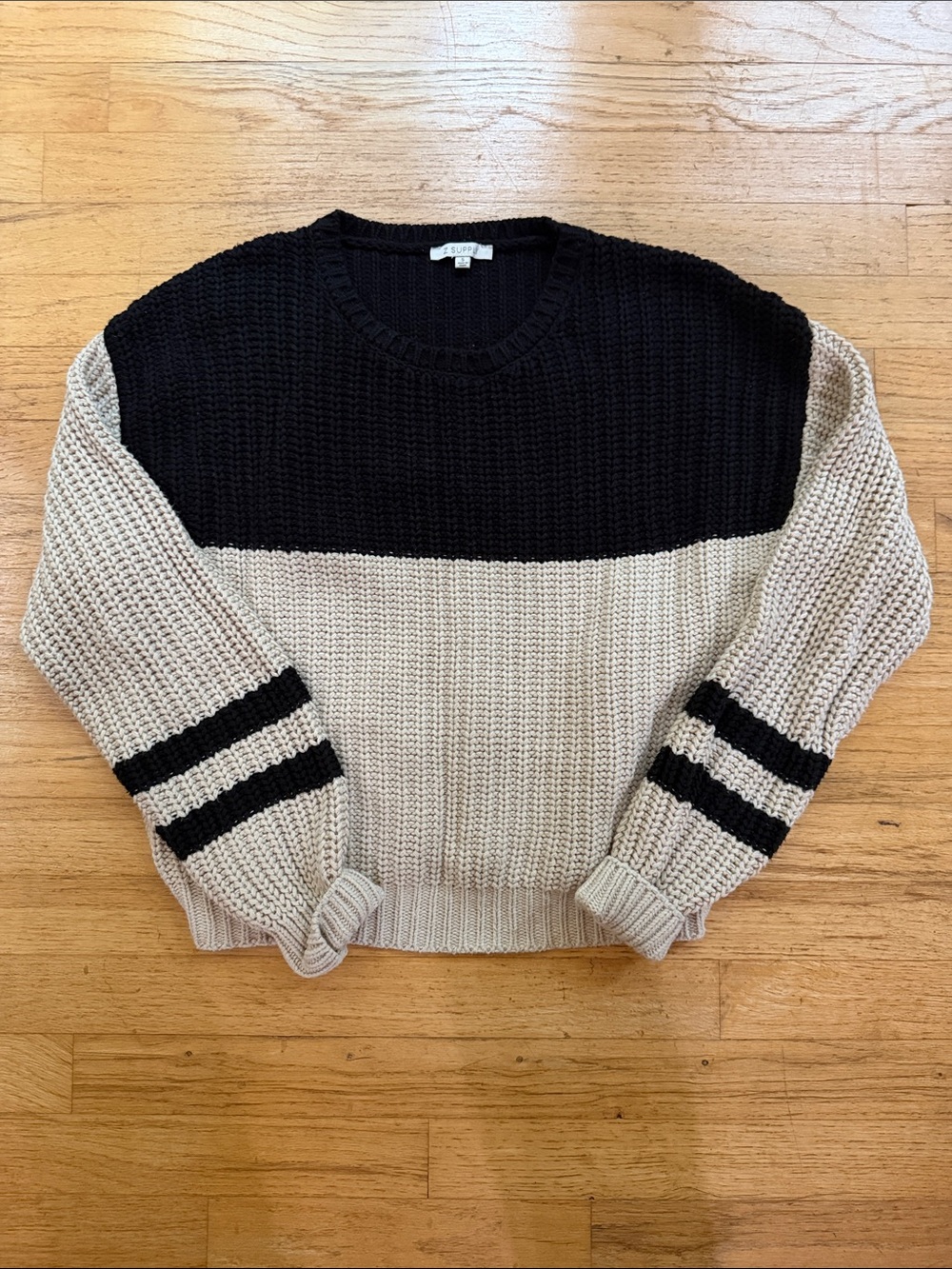 Z Supply Black & Beige Colorblock Crewneck Sweater